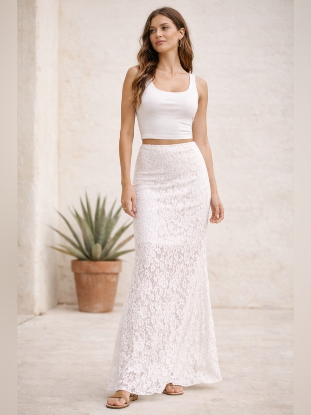 PepperMayo White Lace Maxi Skirt – Women’s XS – Sheer Floral Lace Mermaid Hem